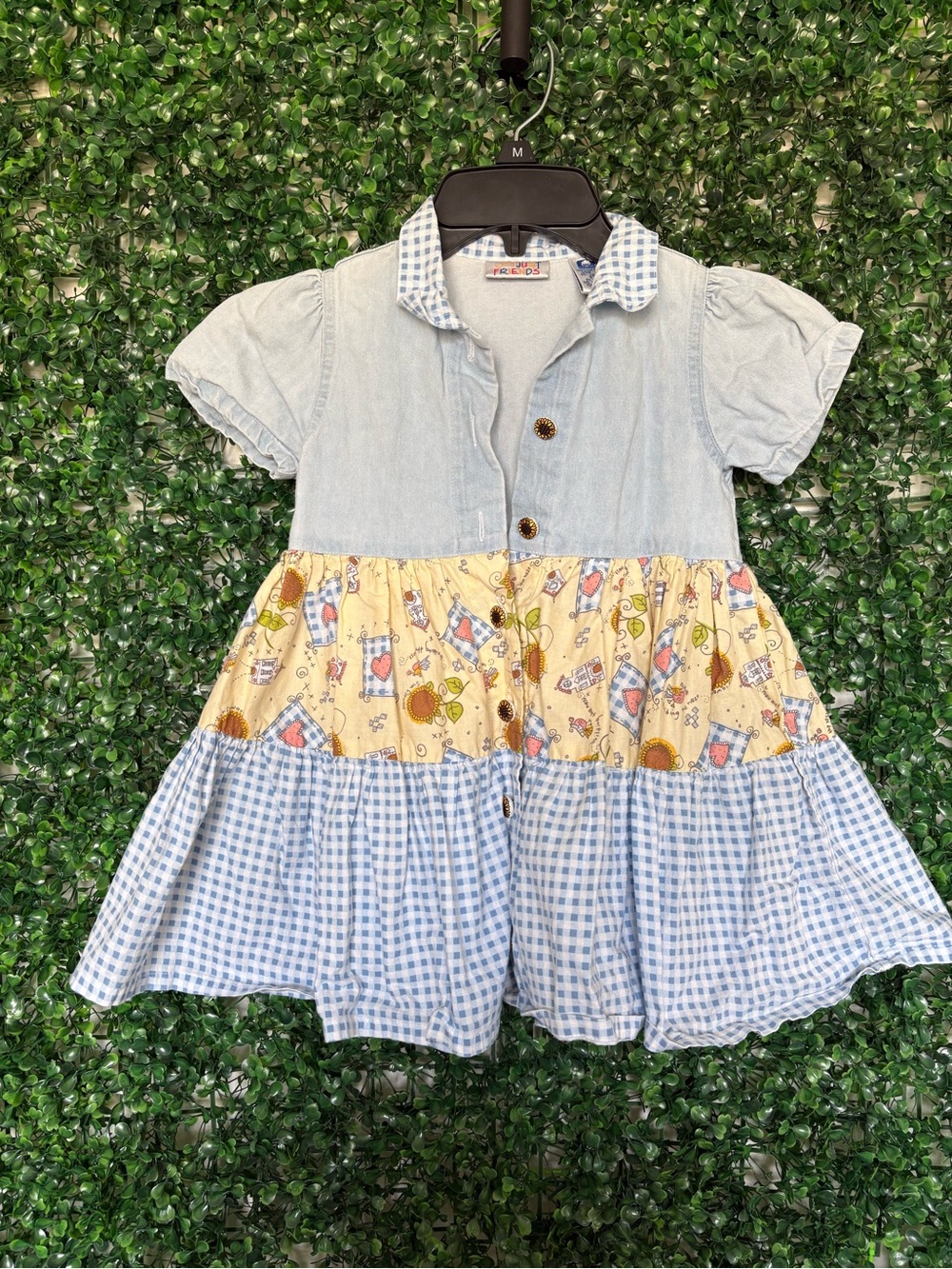Vintage Just Friends Blue Patchwork Tiered Dress with Gingham and sunflowers